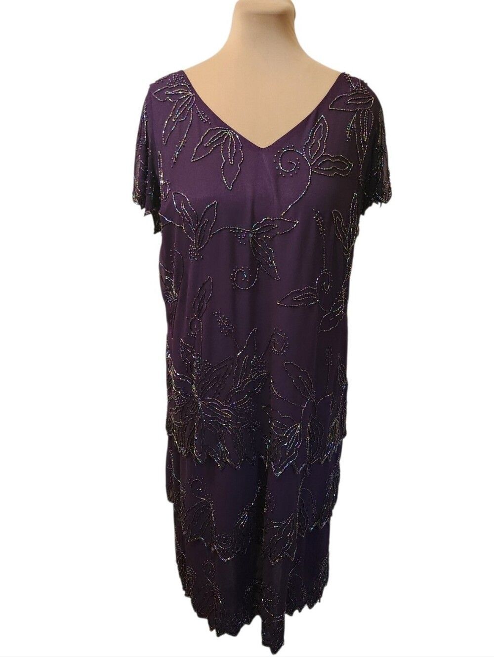 J KARA Purple Beaded Tiered Formal Midi Dress - Size 14W - Picture 4 of 14